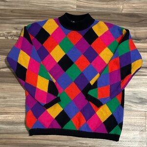 Rafaella Vintage Multi-color Color-block Wool-blend Turtleneck Sweater Medium